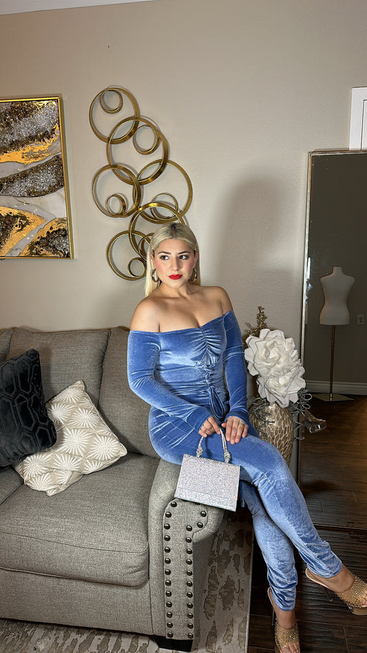 VICKY CORSET VELVET JUMPSUIT BLUE