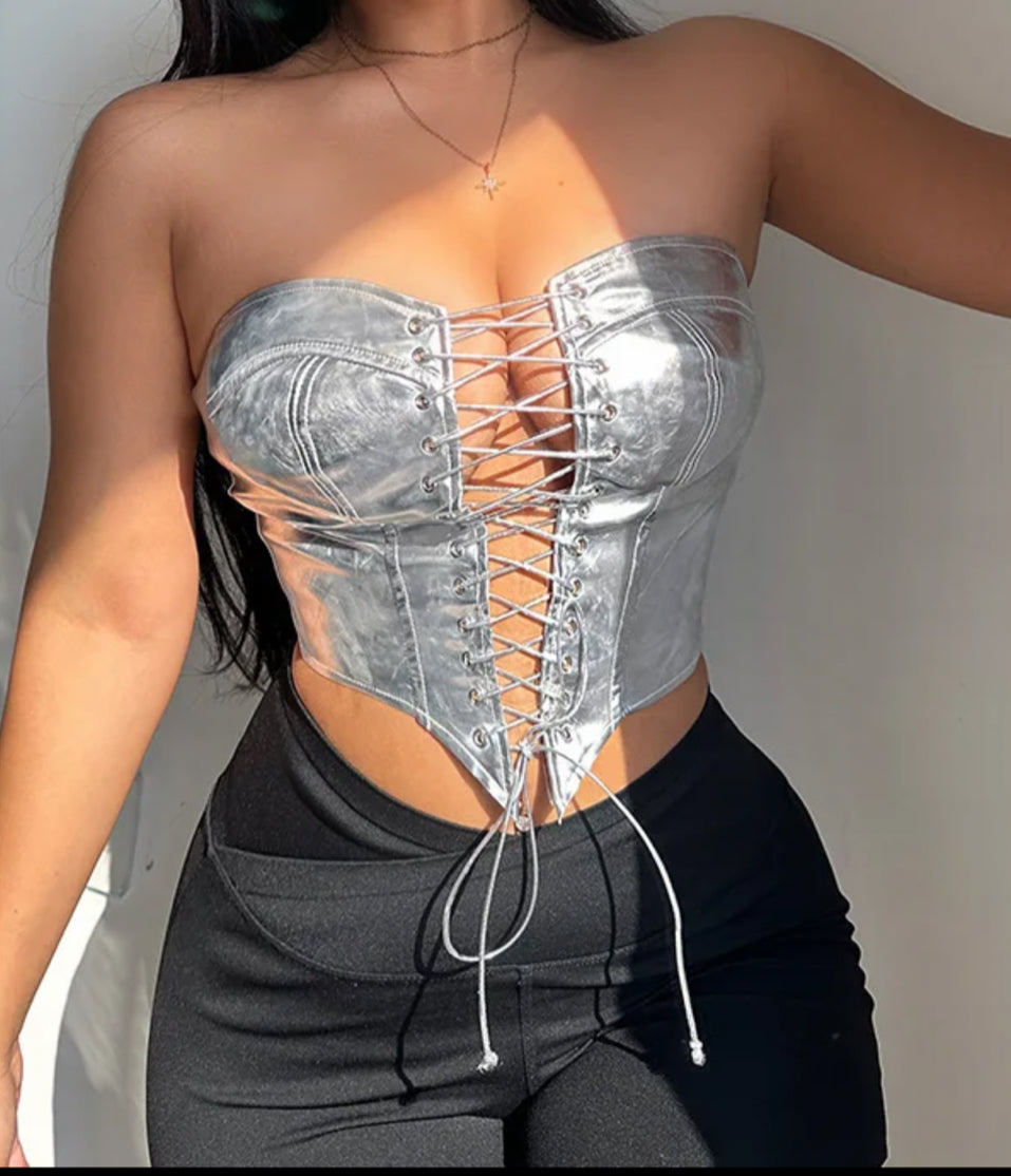 NEVER TOO EXTRA METALLIC CORSET TOP